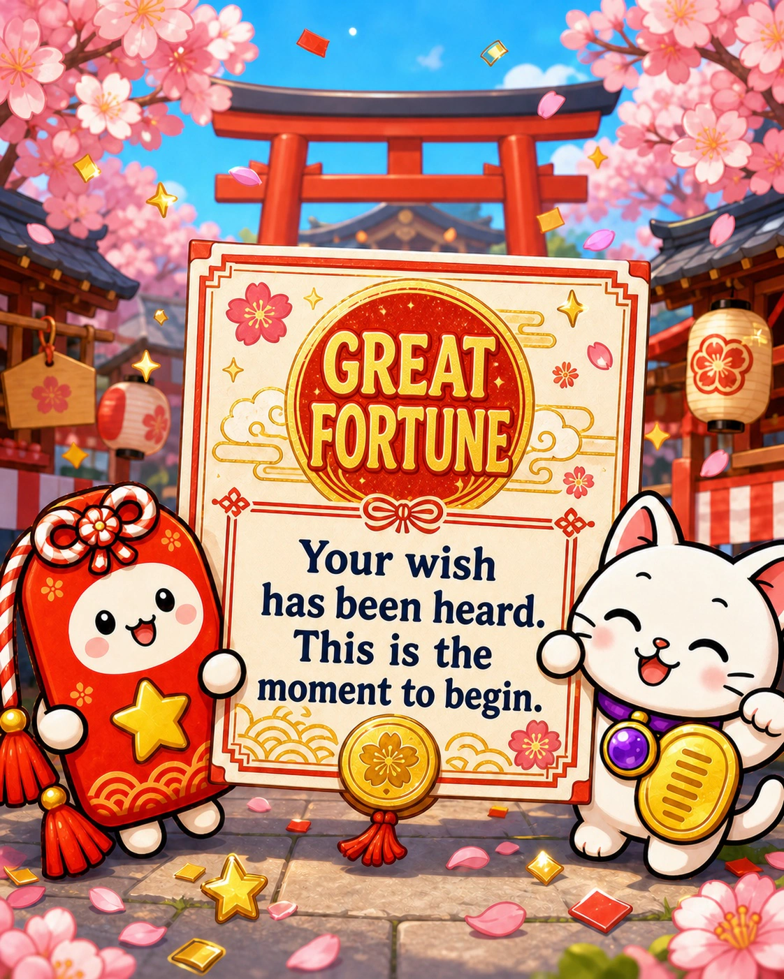 Great Fortune:Your wish has been heard. This is the moment to begin.
